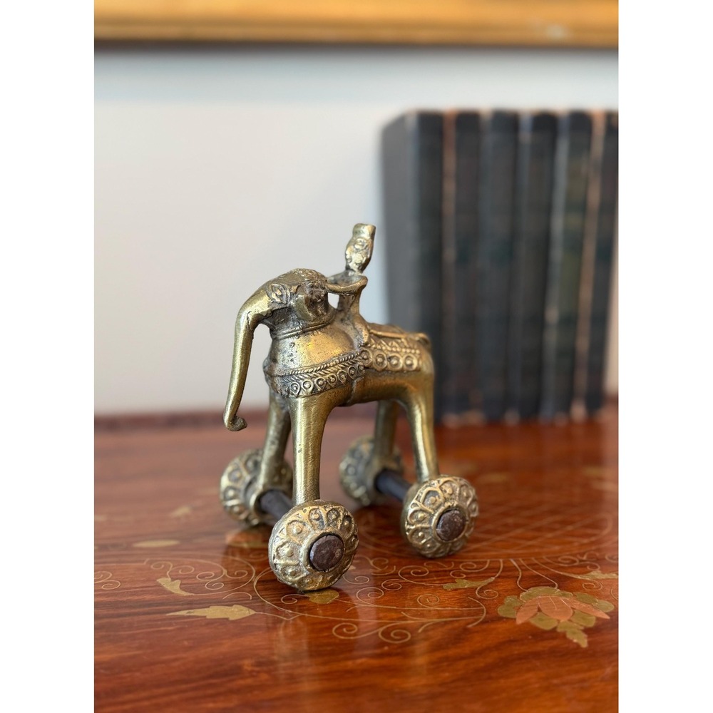 Antique Indian Brass Temple Pull Toy Elephant‎ with Rider